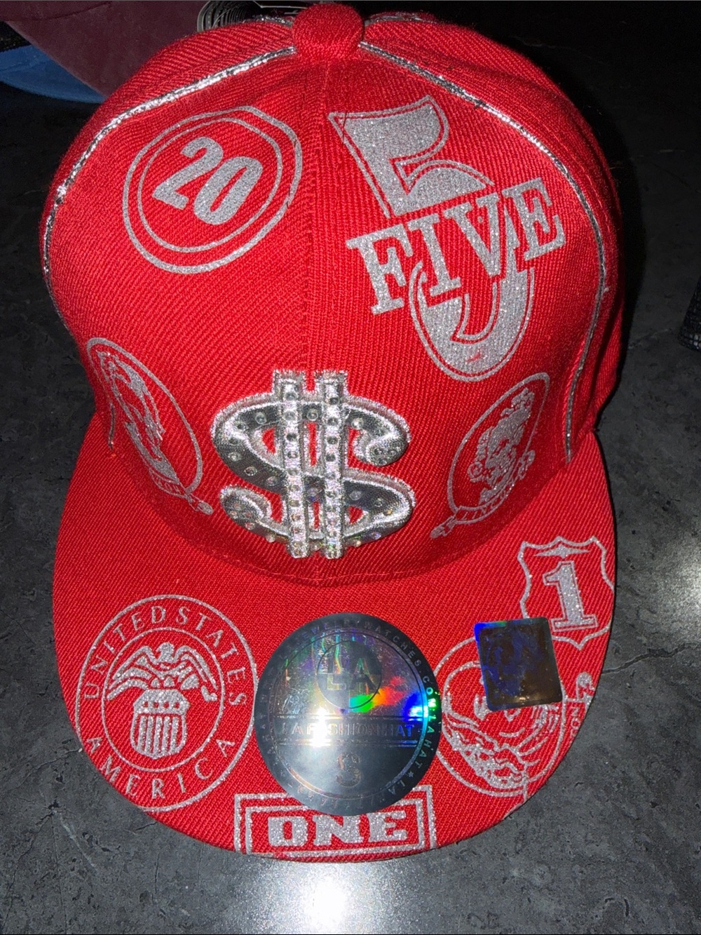 Red Embellished Dollar Motif Snapback Hat